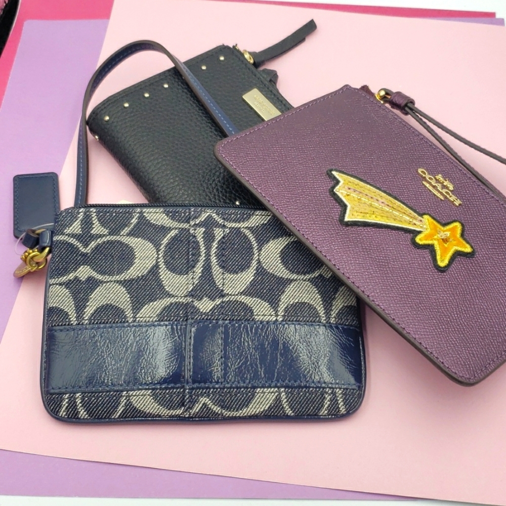 BUNDLE 2 Coach Wristlets + 1 Kate Spade Wallet Denim Leather Studded